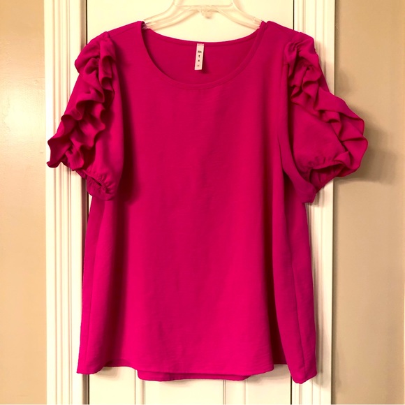 mts Tops - MTS fuchsia pink ruffled short sleeve blouse- EUC Sz M